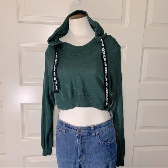 Green Cropped Knit Hoodie Sweater S Long Sleeve Streetwear Chunky Drawcord Shirt - Picture 4 of 8
